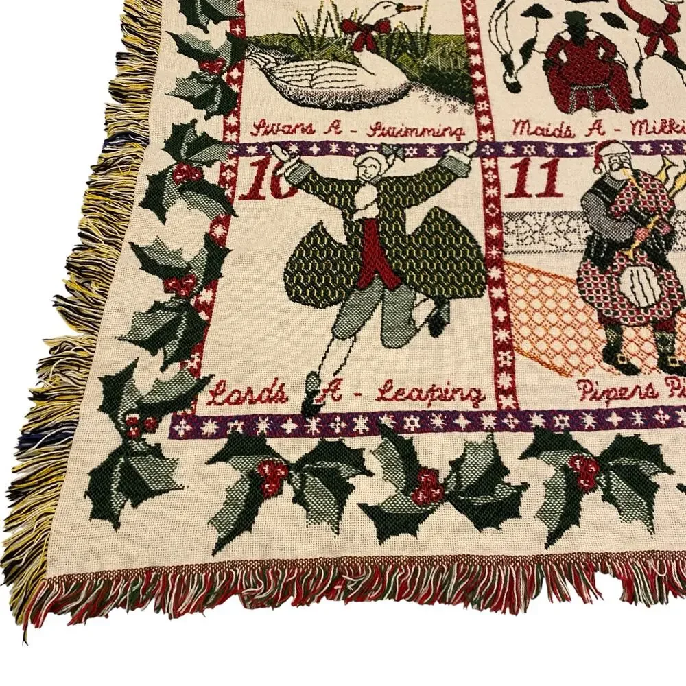 Vintage 12 Days of Christmas Woven Tapestry Throw Blanket Fringe 49x71 Large
